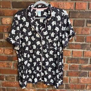 Pillow Talk womens cat print button front pajama top black/ white XL